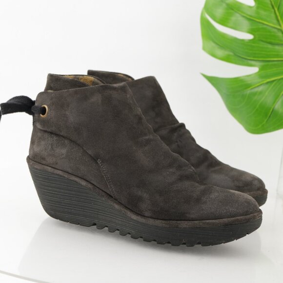 Fly London Womens Yama Boots Size 41 10 Gray Suede Wedge Heel Platform Lace Back - Picture 1 of 12